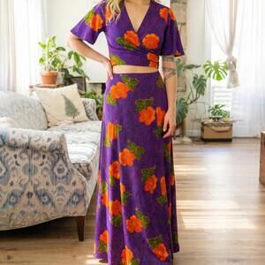 Vtg 60s 70s Purple Floral Maze Psychedelic NOVELTY Print set